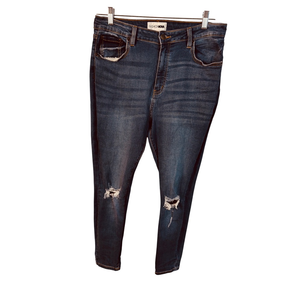 Fashion Nova Women Dark Wash Distressed High Rise Skinny Jeans Size 14